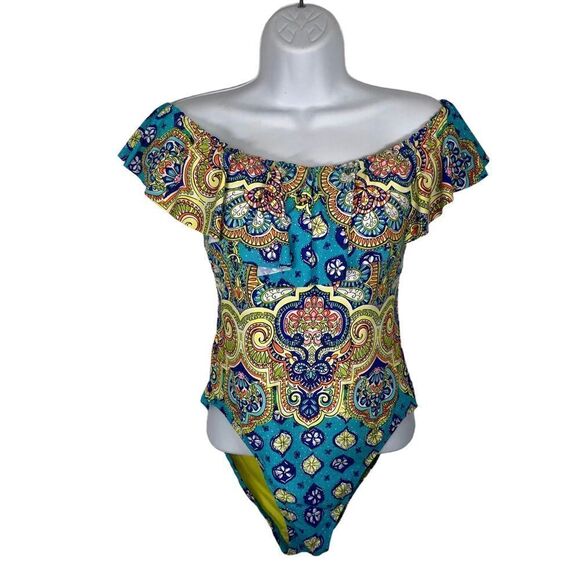 TRINA TURK Ruffle Bandeau One Piece Swimsuit Floral Print Size 8 - Picture 2 of 12